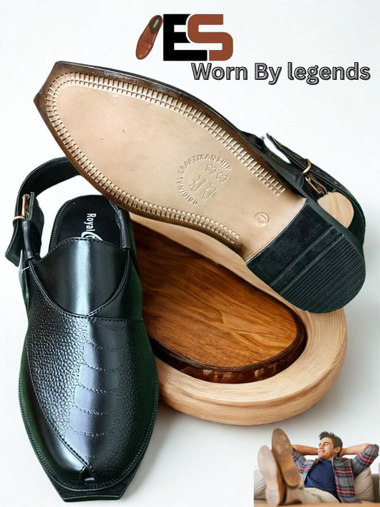 Printed Black Leather Peshawari Chappal - Stylish Footwear for Modern Taste